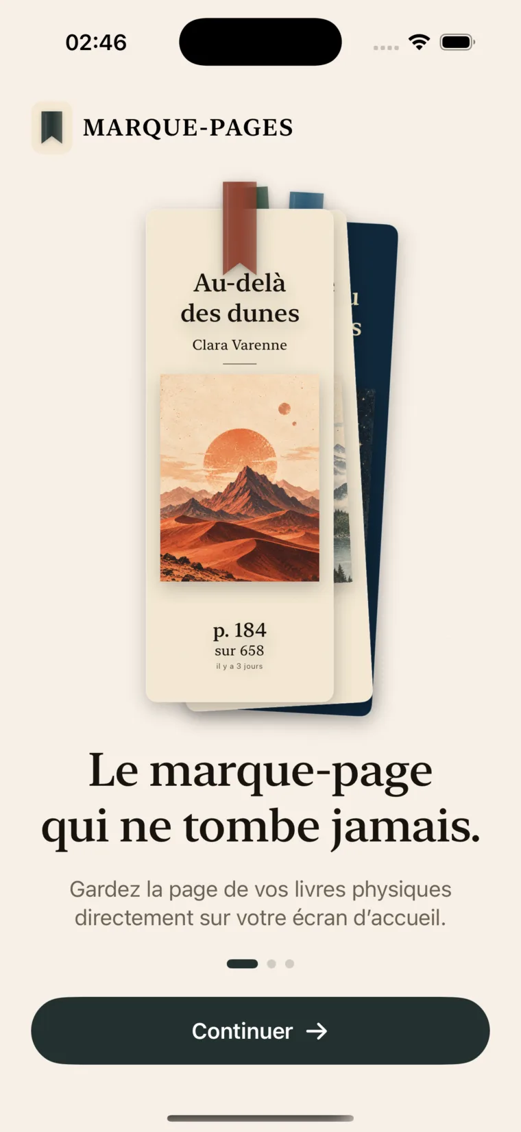 Écran d’accueil de MARQUE-PAGES avec plusieurs marque-pages illustrés